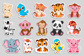 Obraz premium Big set of different cute animal stickers vector illustrations. Generative AI