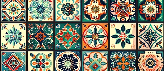Green leaf patterns on the tiles resemble intricate textile designs. The window art showcases symmetry and creative arts, with beautiful patterns resembling fonts made of glass