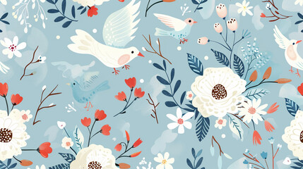 seamless pattern with flowers and birds in blue background - 778958047