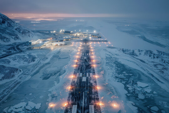 Arctic station against the backdrop of snow and Arctic ice. Residential modular village for work and living of a polar expedition. Polar airfield in the Arctic.