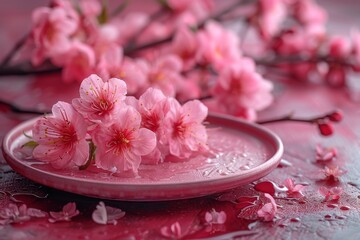 Pink ceramic plates decorated with fresh spring sakura or cherry blossom flowers and branches isolated on a simple background. Generative AI.