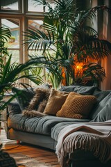 Cozy living room with indoor plants. Home gardening and biophilic design. Authentic home interior	