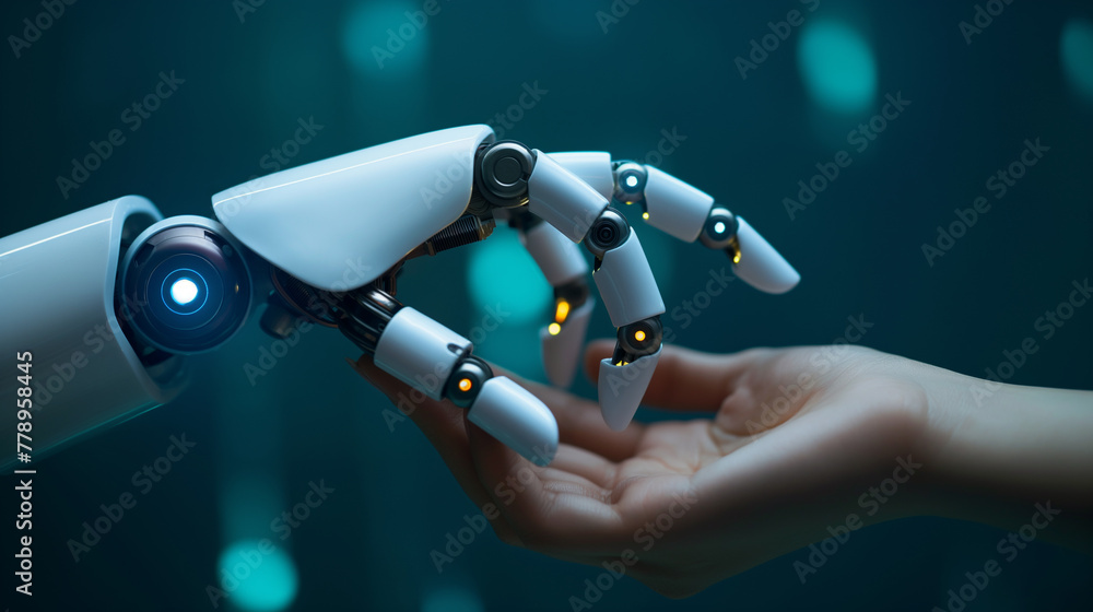 Poster robot hand interacts with human hand algorithmic technology, deep integration, machine learning, dig