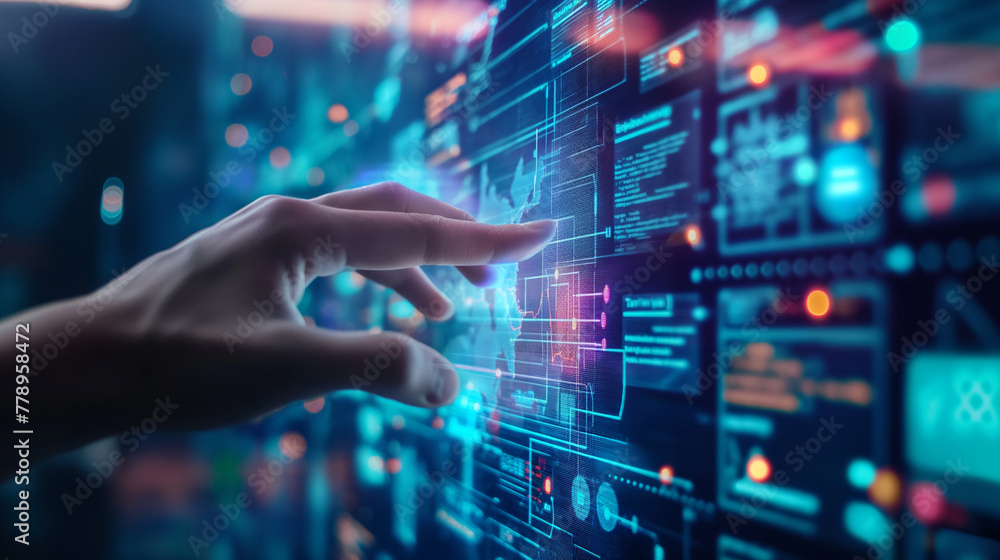 Poster a woman's finger touches a beam of light surrounded by blue and green data and charts. server safe h