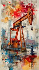 An oil painting, a red and yellow pump jack on the background of an industrial city with watercolor splashes and ink drops, in the vintage poster style