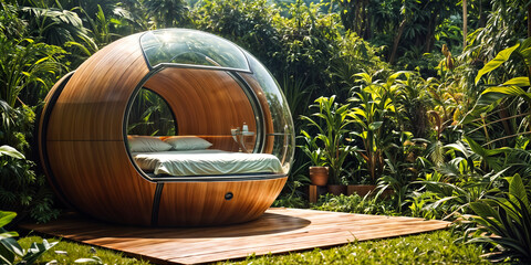 spherical pod with a bed inside sits on a platform in the middle of a forest. The pod has a transparent top and is surrounded by greenery.