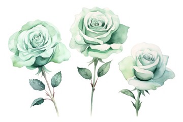 Mint Green roses watercolor clipart on white background, defined edges floral flower pattern background with copy space for design text or photo backdrop minimalistic 