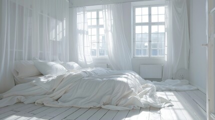 A spacious, all-white bedroom bathed in sunlight with billowing curtains, exuding a peaceful and clean ambiance.