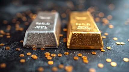 Gold and silver bars, on a black background with scattered gold coins