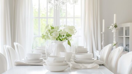 A bright dining room setup with a white tablecloth, porcelain dishes, and a vase with fresh flowers, bathed in natural light.