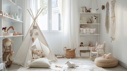 Fototapeta na wymiar A child's playroom filled with natural light featuring a cozy teepee, soft toys, and creative play elements for a fun and nurturing environment.