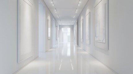 A long, minimalist gallery corridor displaying monochrome artworks, elegantly lit by a series of ceiling spotlights and natural daylight.