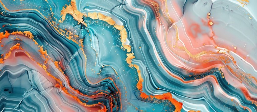 A closeup shot of a painting featuring a mesmerizing blue and orange marble texture, resembling a natural landscape or aquatic organism in liquid form