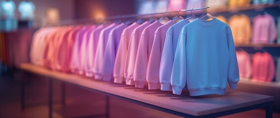 3d render of pastel colored sweatshirts on display in store, close up, bokeh effect