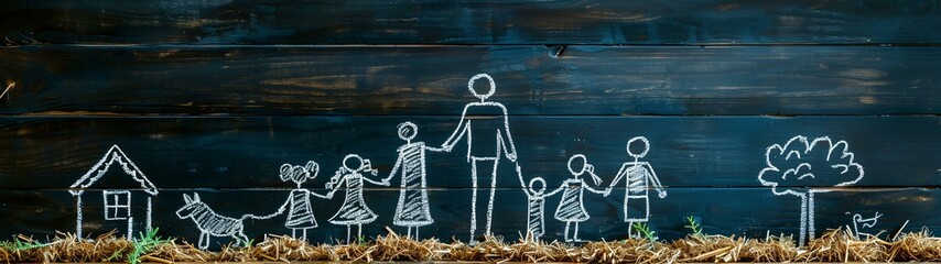 White chalk drawing on black wood, stick figures of family members holding hands with their children and dog standing in front of them