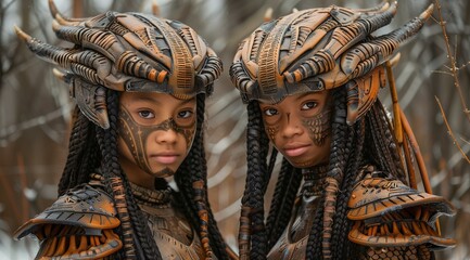 Obraz premium two young black girls with tribal face paint and wearing armor made from wood, stone
