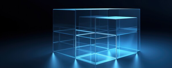 Navy Blue glass cube abstract 3d render, on black background with copy space minimalism design for text or photo backdrop 
