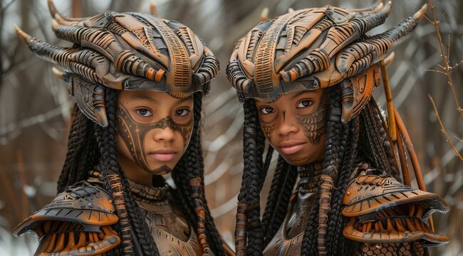 two young black girls with tribal face paint and wearing armor made from wood, stone