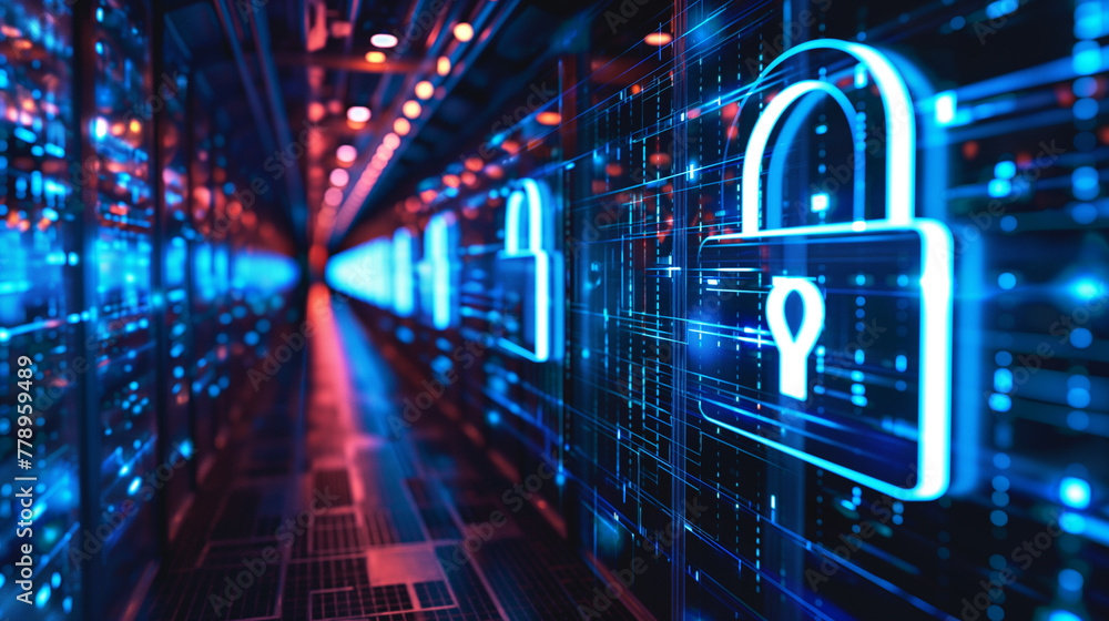 Poster data protection, cyber security, lock icon and global network security blockchain and cyber security