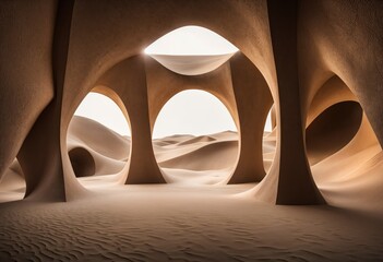 sand-colored, futuristic-looking architecture with circular holes that resemble eyes. The background is a white sky and sand dunes