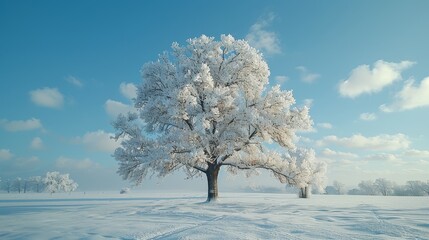  A solitary tree stands amidst a snow-covered field with a blue sky in the background