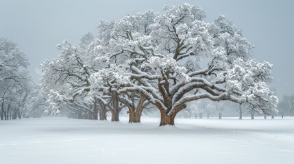   A group of trees blanketed in snow on a winter day beneath a clear blue sky, with a gentle sprinkling of snow on the earth below