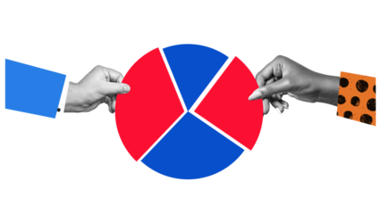 Human hands symbolizing teamwork working on a pie chart isolated on free PNG background. Female and male arms hold pieces diagram chart.