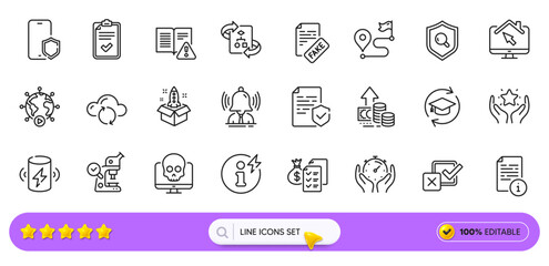 Checklist, Power info and Charge battery line icons for web app. Pack of Inspect, Technical algorithm, Phone protect pictogram icons. Fake news, Continuing education, Manual signs. Search bar. Vector