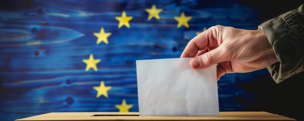 European Union elections concept image background, ballot box with EU flag colors and stars and hand holding a ballot paper voting	