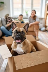 Fototapeta na wymiar Family with kids and pets moving to new home, cute dog sitting in cardboard box 