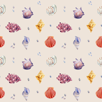 Watercolor seashell seamless pattern. Underwater creatures, Seashell repeat texture background. Hand drawn wallpaper