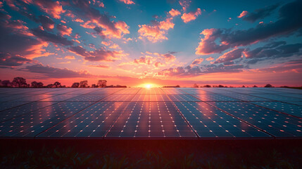 Close-up of solar power plant at sunset - obrazy, fototapety, plakaty