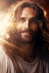 Portrait of Jesus Christ in a epic cinematic fantasy glowing background. Resurrection concept art. Happy and loving expression. Religious art. Savior, compassionate, humble, loving, wise, healer