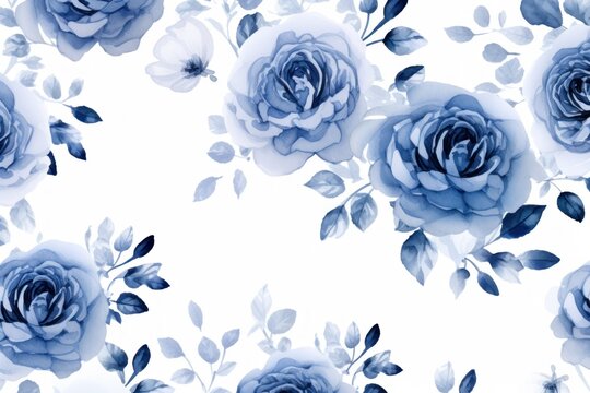 Navy Blue roses watercolor clipart on white background, defined edges floral flower pattern background with copy space for design text or photo backdrop minimalistic 