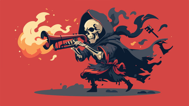 Skull grim reaper blow the trumpet and holding the