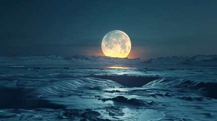 Naklejka na ściany i meble Detailed surreal moonrise over icy landscape, snowy tundra under full moon on winter night