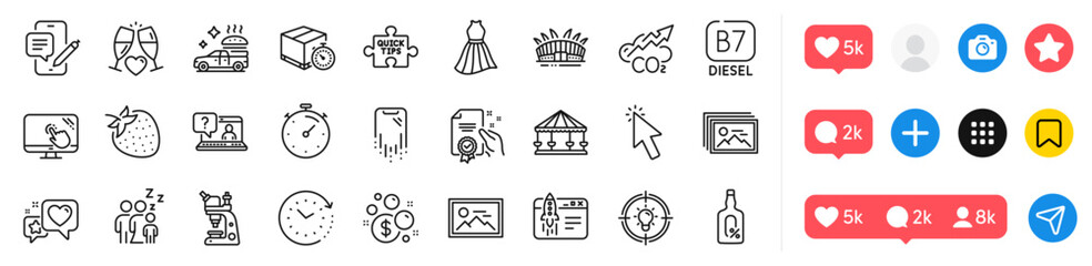 Food delivery, Alcohol free and Heart line icons pack. Social media icons. Certificate, Dress, Co2 web icon. Carousels, Touch screen, Timer pictogram. Quick tips, Microscope, Start business. Vector