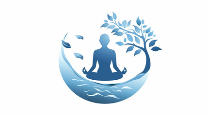 Vector illustration of a serene meditation scene with a person in lotus pose, encircled by water elements and a flourishing tree, symbolizing peace, balance, and harmony with nature.