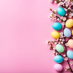 Naklejka na ściany i meble Colorful easter eggs and spring flowers on pastel pink background. AI generated