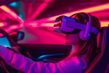 Obraz premium Futuristic car interior with a woman in VR headset 