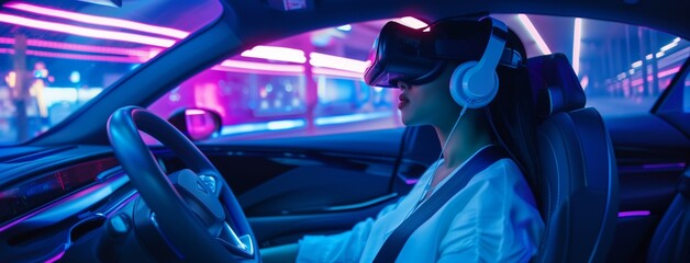 Futuristic car interior with a woman in VR headset	