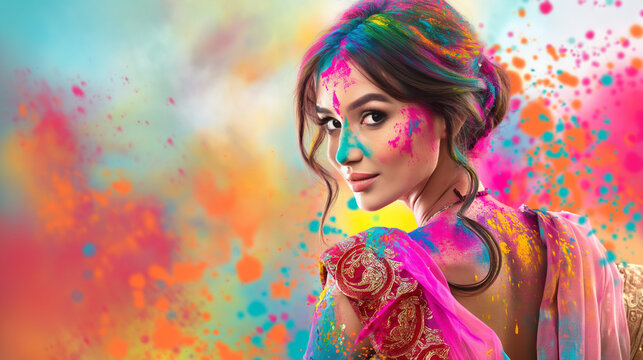 Beautiful of Holi model over colorful background, Illustration.