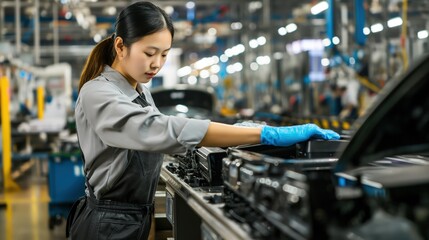 Asian female worker repairing a vehicle inside an industrial facility
