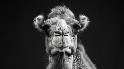 Black and white close-up portrait of a camel with a humorous expression, isolated on a dark background, showcasing detailed fur texture and facial features.