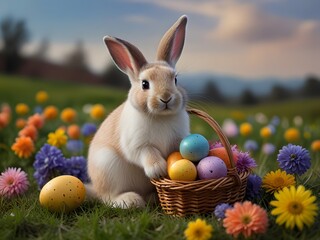 Bring the magic of Easter to life with this cute bunny, surrounded by a field of colorful flowers and holding a basket of eggs, waiting for your creative touch .