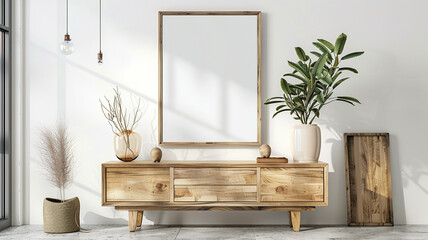wooden frame mockup on the sideboard of a boho interior style on white wall background
