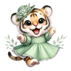 Cute tiger with dress watercolor, fashion, Baby tiger, Cute tiger clipart, Tiger clipart gift card, Baby tiger shirt PNG, Dress in holiday