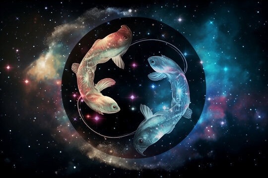 Pisces astrological zodiac sign in front of a space nebula. Generative AI