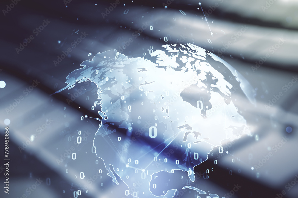 Aufkleber multi exposure of abstract programming language hologram and world map on shiny metal background, ar