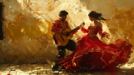 Romantic painting of a man playing guitar serenading a woman in a flowing red dress, dancing in a sunlit room with warm, golden tones. - Powered by Adobe